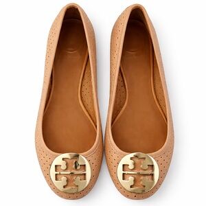 Tory Burch Sable Perforated Reva Ballet Flats with Gold Logo